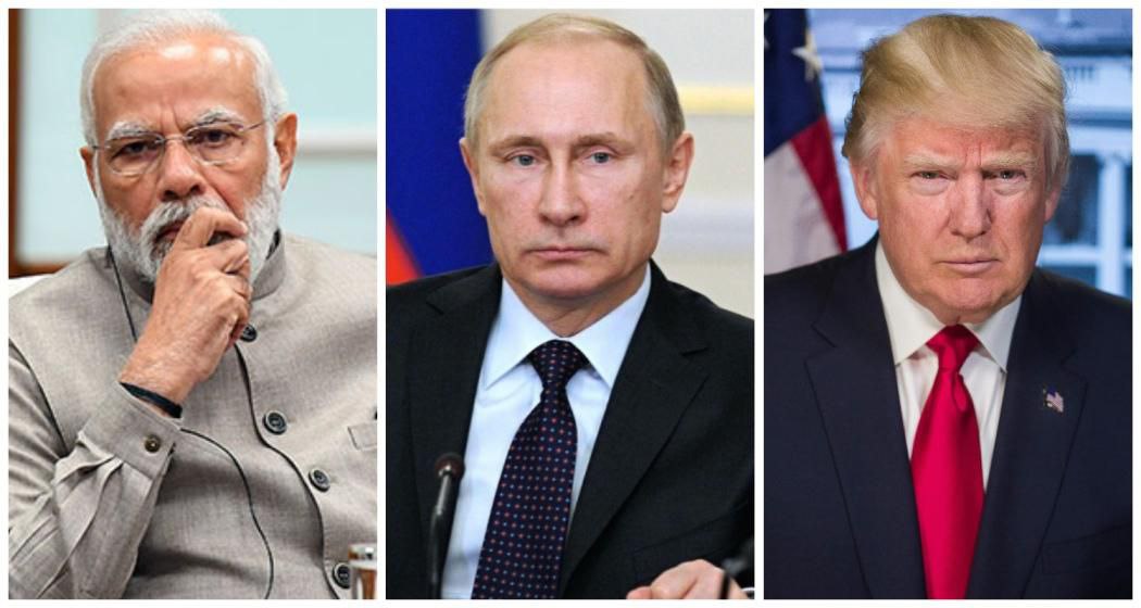 नरेंद्र मोदी, व्लादिमीर पुतिन और डोनाल्ड ट्रंप व्यापारिक वार्ता के दौरान एक साथ बैठे हुए – भारत, रूस और अमेरिका के त्रिपक्षीय रिश्तों का संकेत