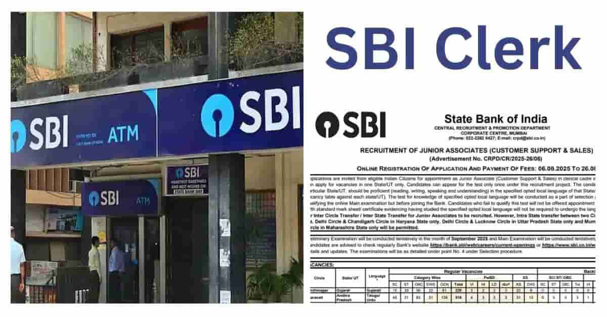 SBI बैंक की इमारत और SBI क्लर्क नोटिफिकेशन 2025 की जानकारी