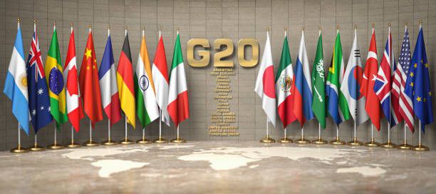 Flags of G20 member countries representing global economic cooperation and diplomacy