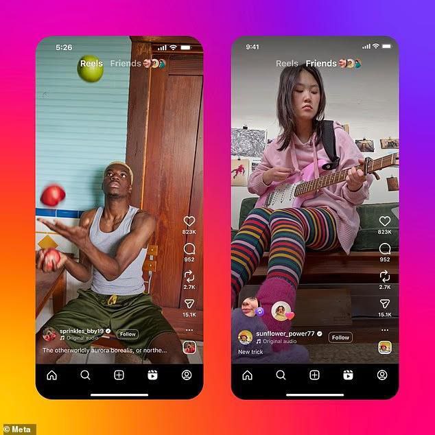 Instagram Reels में लड़का और लड़की की अलग-अलग रील्स में Repost विकल्प दिखाते हुए स्क्रीनशॉट