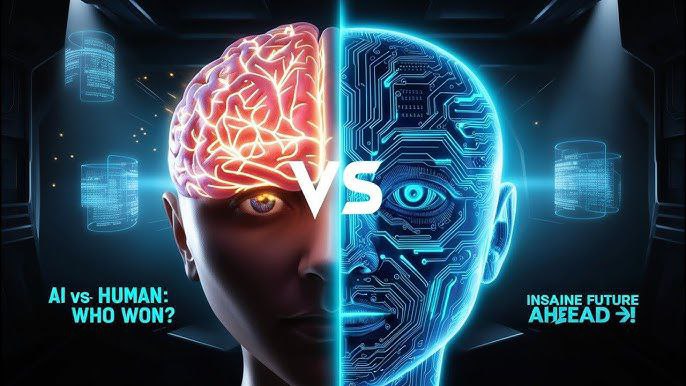 Comparison between artificial intelligence brain and human brain – symbolizing the fusion and contrast of machine learning and human thinking in modern technology.
