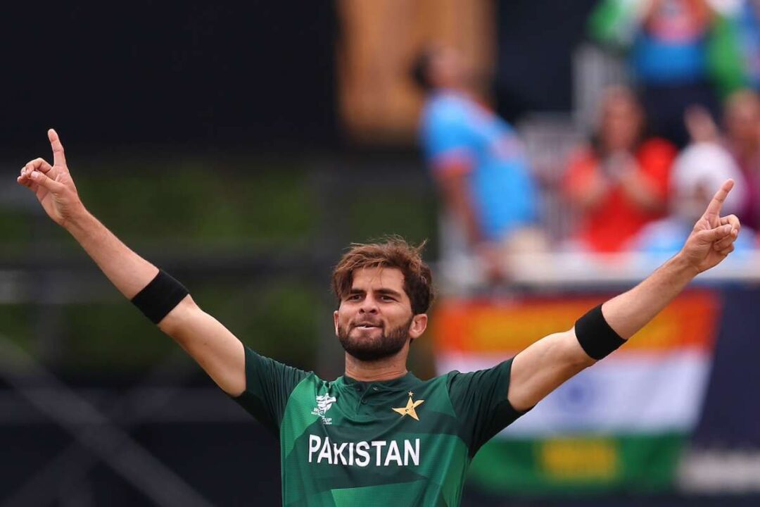 Shaheen Afridi celebrates after taking 4 wickets for Pakistan against West Indies in the 1st ODI 2025 at Brian Lara Stadium