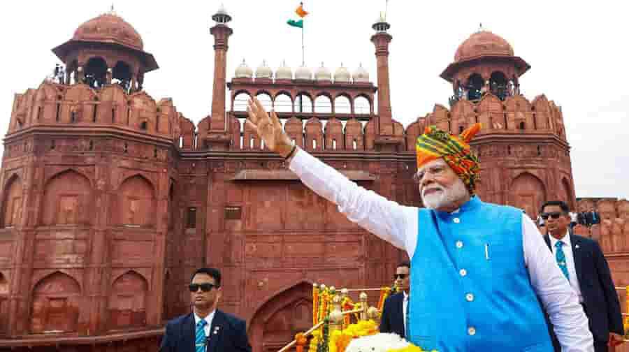 प्रधानमंत्री मोदी का 79वां स्वतंत्रता दिवस भाषण 2025 10 लाल किले से भाषण के बाद हाथ उठाकर अभिवादन करते प्रधानमंत्री नरेंद्र मोदी