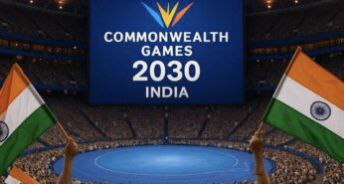 2030 Commonwealth Games: भारत की बोली और तैयारी 4 “Full stadium with Indian flag, cheering crowd and 2030 Commonwealth Games banner”