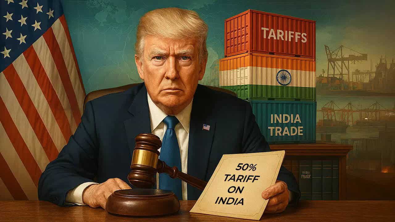 Donald Trump द्वारा भारत पर 50% टैरिफ लगाने का ऐलान – US India Trade War 2025 Infographic"