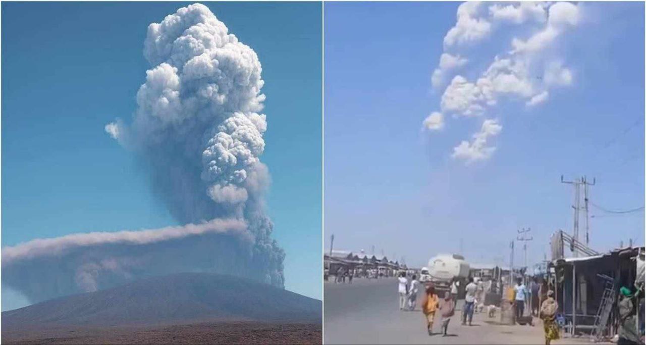Ethiopia volcano eruption today showing massive lava flow and ash cloud in Afar region