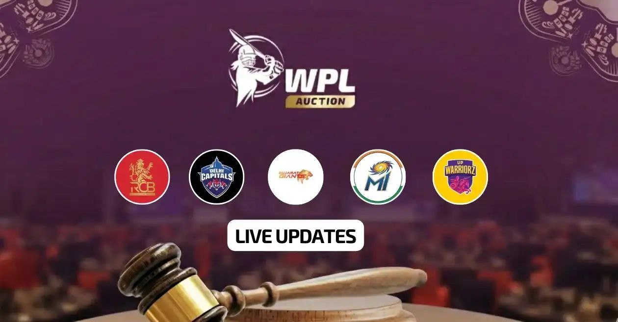 WPL 2026 Auction poster showing RCB, Delhi Capitals, Gujarat Giants, Mumbai Indians and UP Warriorz logos with a gavel and live updates banner.