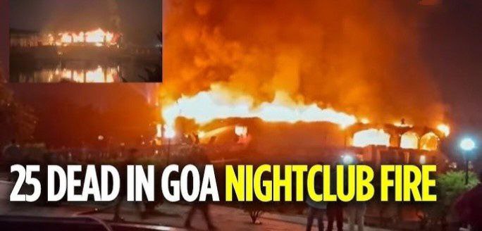 Scene of Goa nightclub fire where 25 people died with firefighters conducting rescue operations