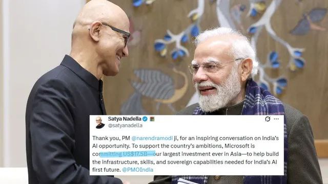 Prime Minister Narendra Modi with Microsoft CEO Satya Nadella discussing India’s 17.5 billion dollar AI investment plan