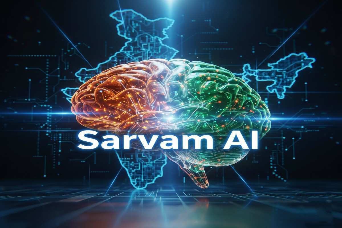 Sarvam AI का आर्टिफिशियल इंटेलिजेंस ब्रेन, भारतीय त्रिरंगा थीम और डिजिटल इंडिया मैप बैकग्राउंड के साथ