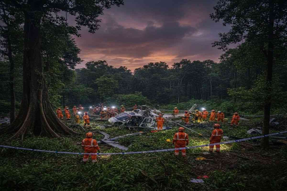 झारखंड के चतरा जंगल में एयर एम्बुलेंस क्रैश स्थल पर रेस्क्यू टीम जांच करती हुई