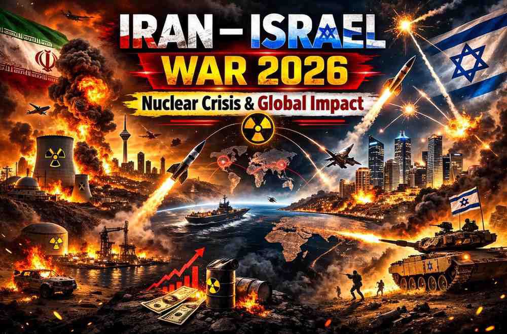Iran Israel War 2026 के दौरान मिसाइल हमले, परमाणु संकट और Middle East में सैन्य टकराव को दर्शाती युद्ध थंबनेल इमेज
