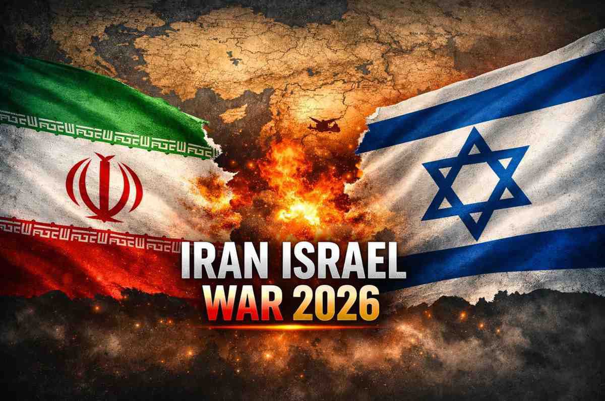 Iran Israel War 2026 showing Iran and Israel flags facing each other with explosion over Middle East map
