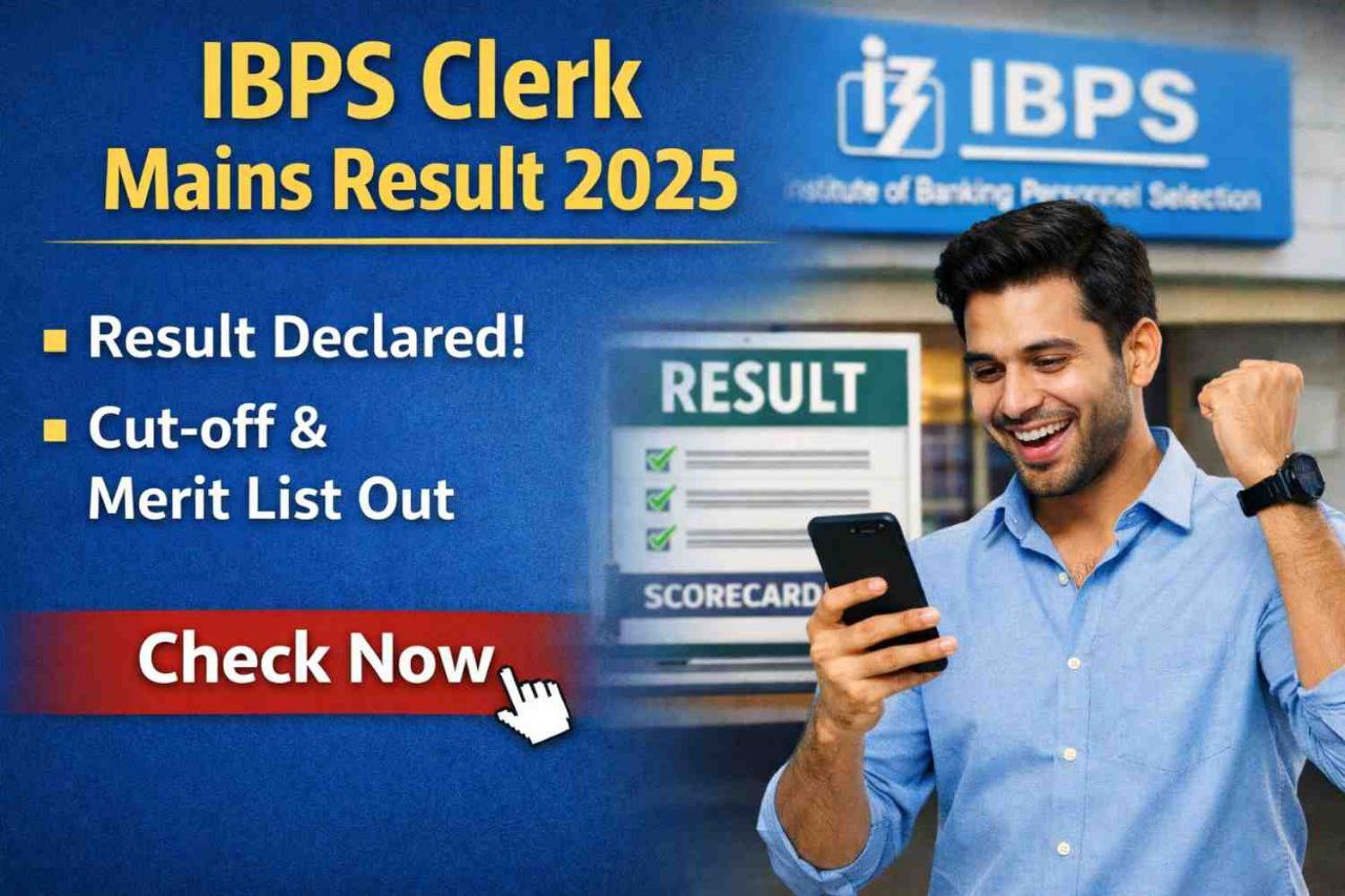 vIBPS Clerk Mains Result 2025 declared graphic showing cut-off and merit list announcement with candidate checking score on smartphone.