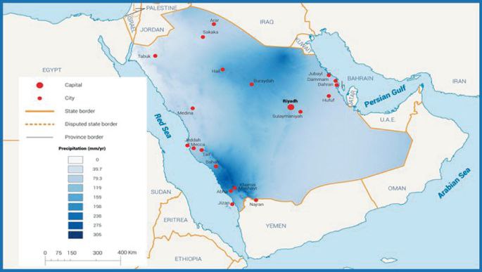 Map of Saudi Arabia highlighting key regions and proximity to the Persian Gulf and Red Sea amid rising Middle East tensions.