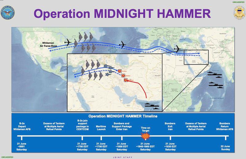 Operation Midnight Hammer map showing US bomber route and military strike plan toward Iran