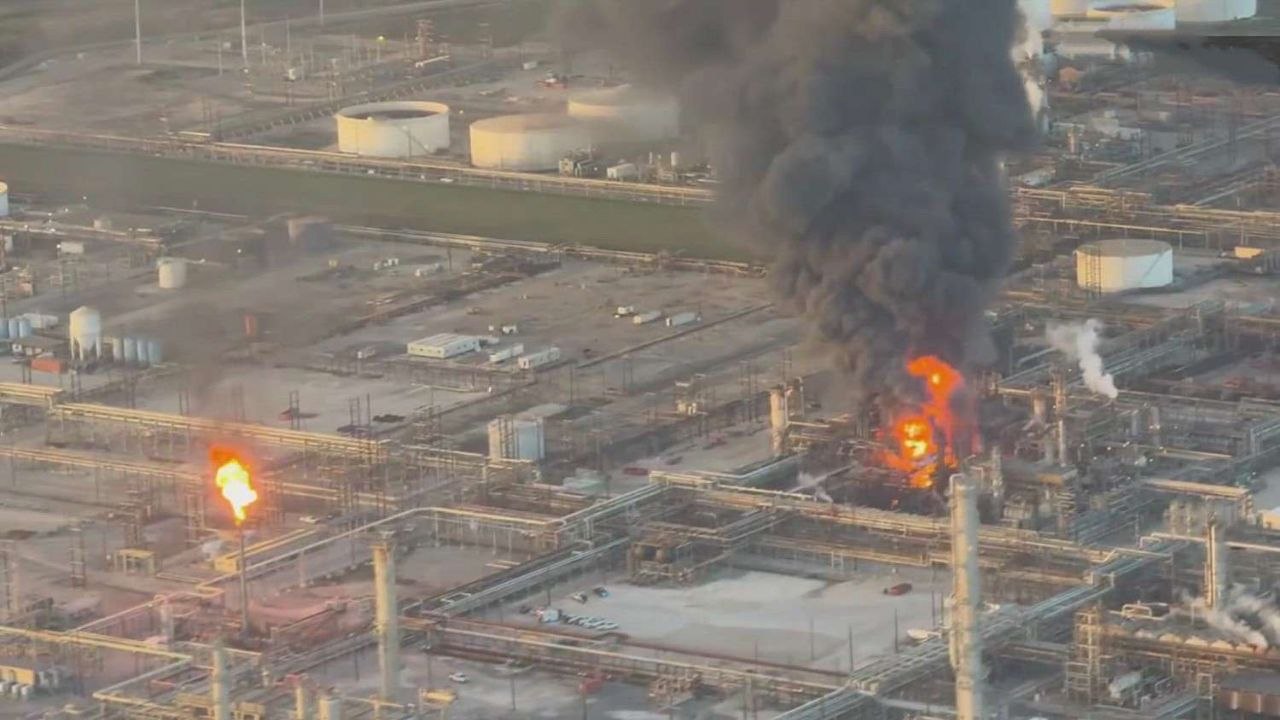 Texas oil refinery explosion in Port Arthur with massive fire and black smoke