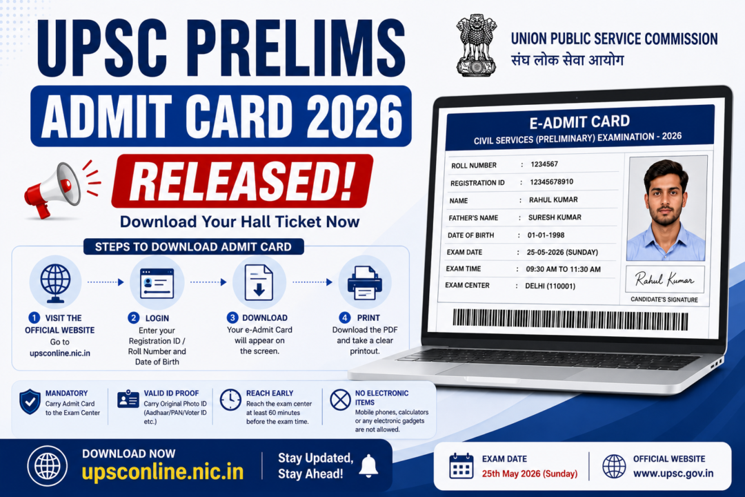 UPSC Prelims Admit Card 2026 released infographic showing hall ticket download process, exam instructions, and official UPSC details.