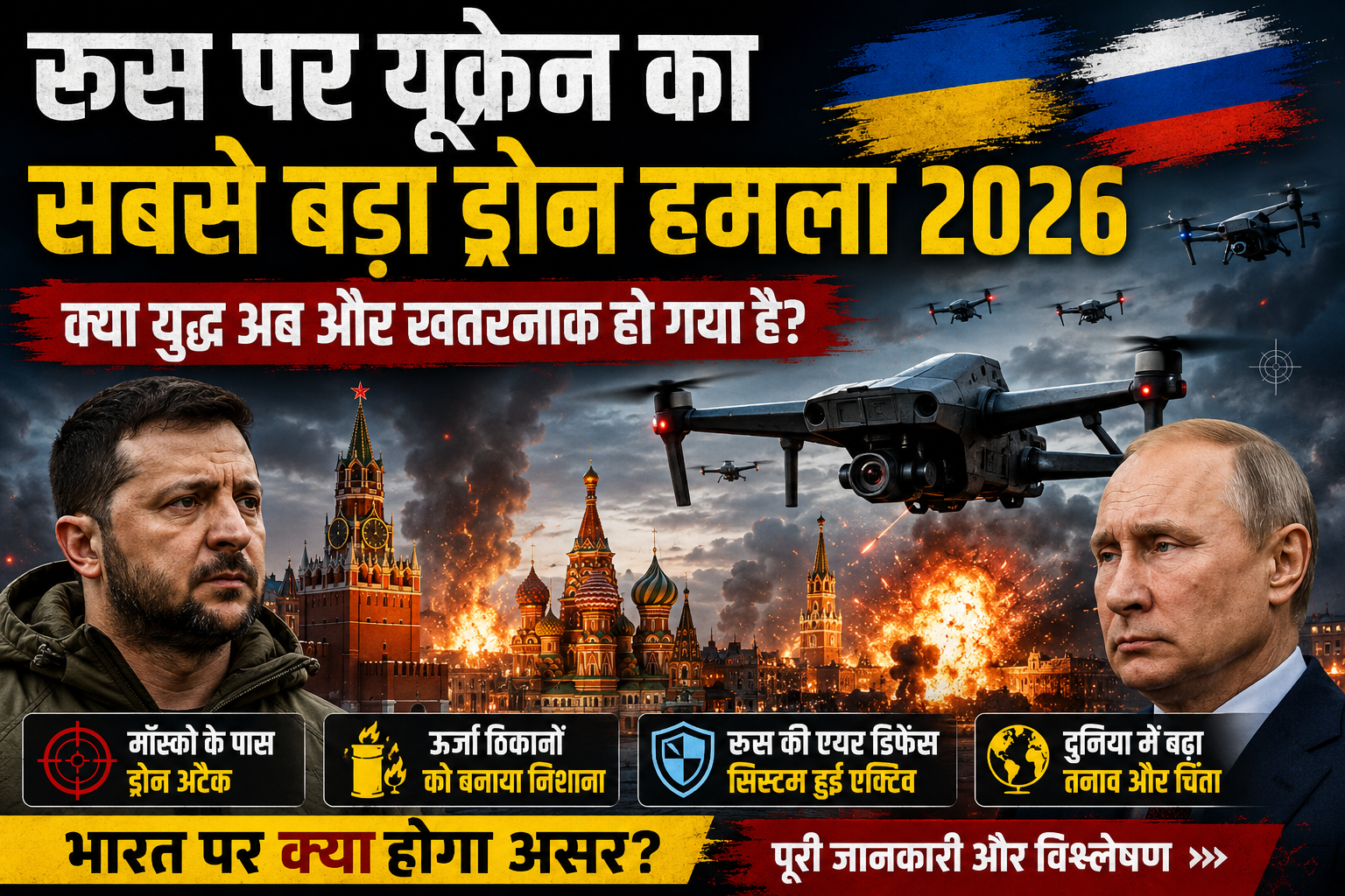 रूस-यूक्रेन युद्ध 2026 को दिखाती dramatic thumbnail image जिसमें Zelensky, Putin, Moscow explosions और drones दिखाई दे रहे हैं।
