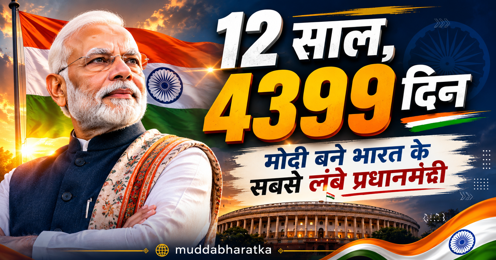 प्रधानमंत्री नरेंद्र मोदी की तस्वीर के साथ भारतीय संसद भवन और तिरंगे की पृष्ठभूमि में 12 साल 4399 दिन पूरे करने का प्रतीकात्मक चित्र।