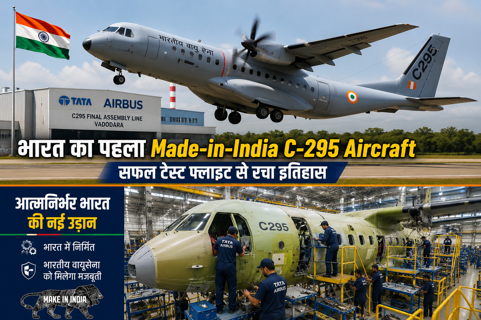 भारत का पहला Made-in-India C-295 Aircraft वडोदरा से सफल टेस्ट फ्लाइट भरते हुए, टाटा-एयरबस निर्माण सुविधा के साथ