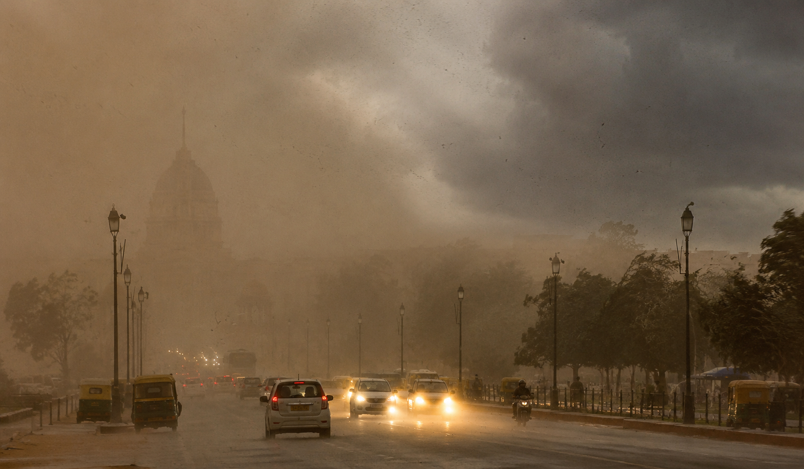 Delhi NCR dust storm with strong winds and low visibility during IMD weather alert in June 2026