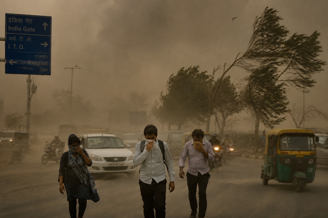 दिल्ली-NCR में मौसम का कहर! तेज आंधी, बारिश और IMD का अलर्ट 2 People walking through a severe dust storm in Delhi NCR as strong winds reduce visibility